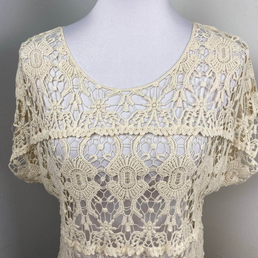 Solitaire Cream Open Crochet Short Sleeve Top Womens Large Lace Beige - Picture 3 of 7